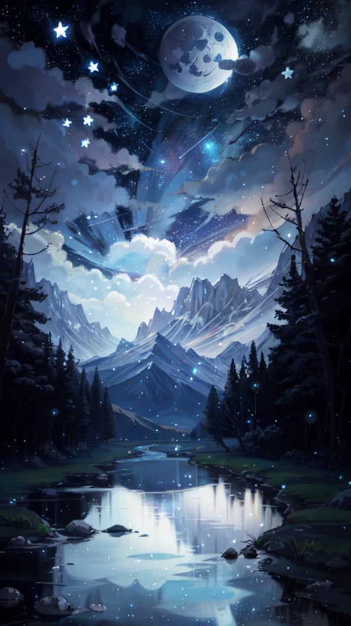 A painting of a river with stars and moon in the sky, concept art inspired by Tosa Mitsuoki, pixiv contest winner, best quality, fantasy art, beautiful anime scene, a bright moon, moonlit starry environment, dream painting, Anime Background Art, Fantasy Landscape Art, Fantasy Night, Anime Background, Background Artwork, Fantastic Art, Atmospheric Anime, Starry Sky, Detail Enhanced.