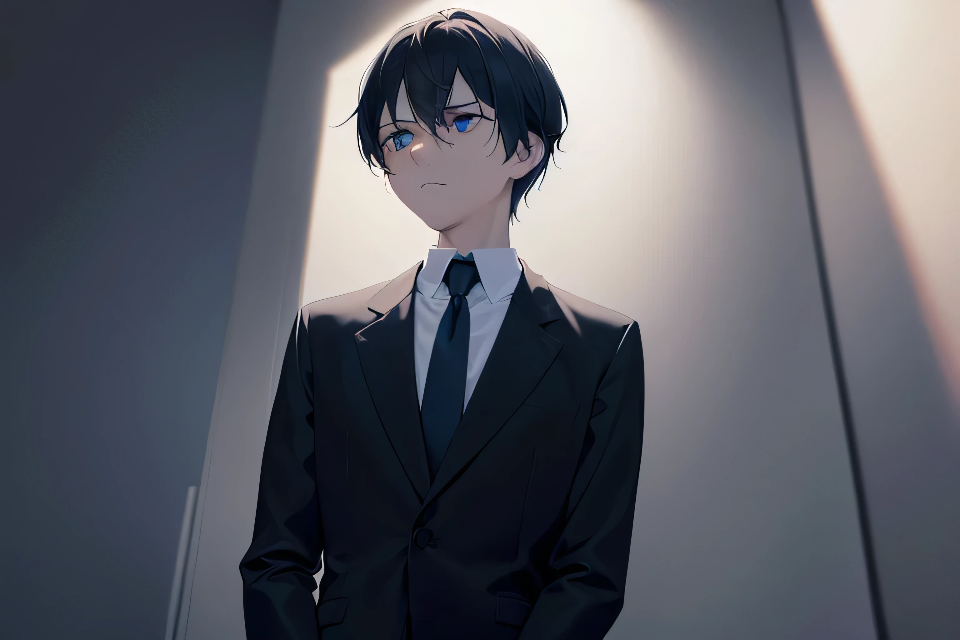 dutch angle, (looking away:2), masterpiece, high quality, 25-year-old man with short black hair and blue eyes, wearing a white shirt, wearing a dark blue tie, (Alone:2), (Expressionless:2), The background is a dark bedroom, bold composition, dark lighting, dim lighting, subject on left side of picture, subject looking to right of picture, hotel room, dark lighting, expressionless male, dark blue hue lighting, meek male, rolled up white sleeves