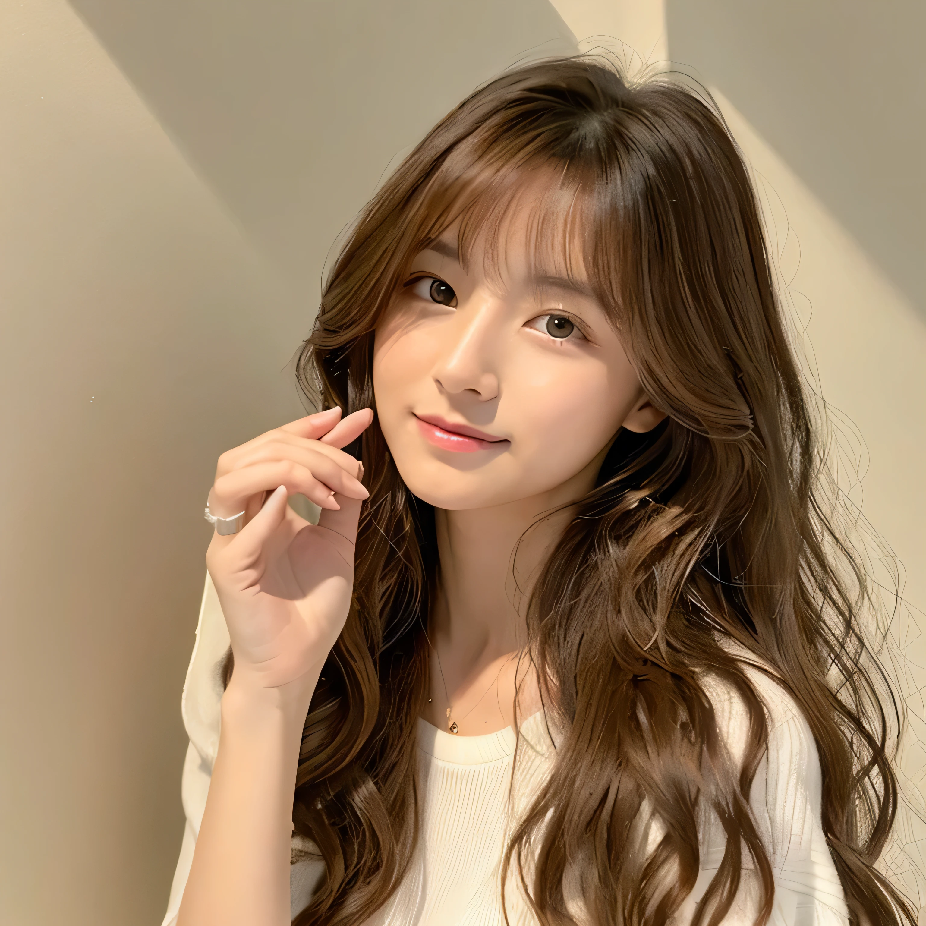 Long hair with a loose perm、A woman in her 20s with light brown hair　White wall background