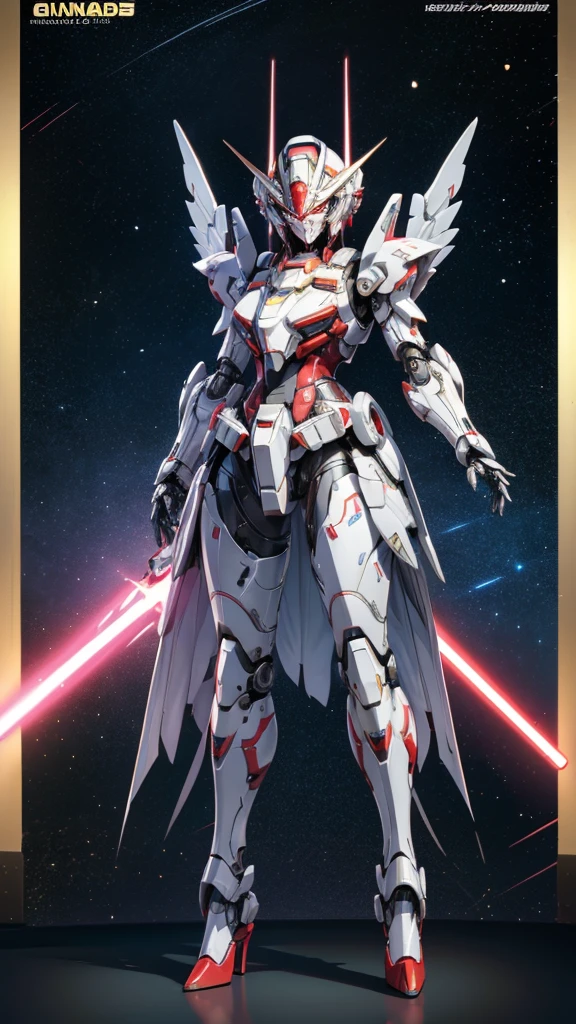 Female Gundam，Large female robot , Sci-fi fluorescent armor,helmet ,metal mask，chest，female body，Mechanical joints，wing，Iron skirt，thigh， High heel, Standing，front，Lightsaber，Space(masterpiece, best quality, high quality, High resolution, Extremely detailed),