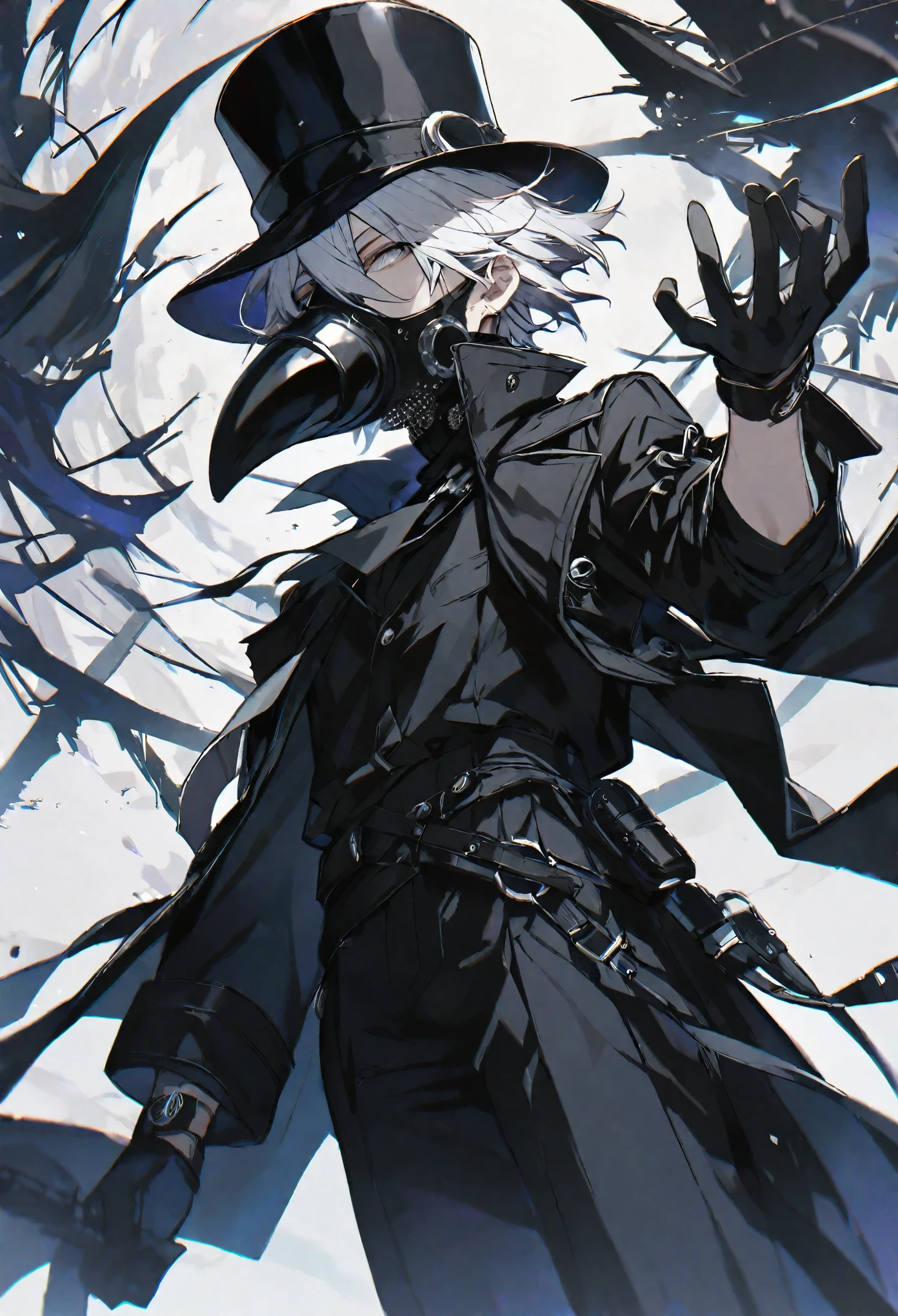 solo, handsome, 1 male, short hair, white color hair, white eyes, black coat, black plague doctor mask, black gloves, black top hat