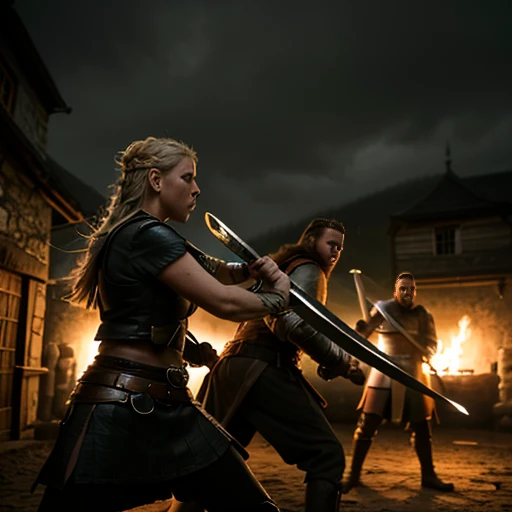 A shieldmaiden Lagertha Lodbrok fights in a big battle against 2 Englishmen with sword and shield,schlachtfeld kriegsschauplatz,leichen,Gloomy atmosphere, high quality, detailed, ultra-detailliert, realistic, High Resolution, Meisterwerk, 4k,8k