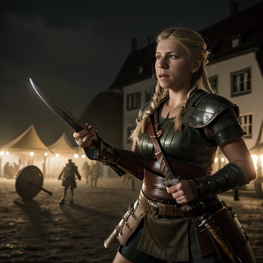 A shieldmaiden Lagertha Lodbrok fights in a big battle against 2 Englishmen with sword and shield,schlachtfeld kriegsschauplatz,leichen,Gloomy atmosphere, high quality, detailed, ultra-detailliert, realistic, High Resolution, Meisterwerk, 4k,8k