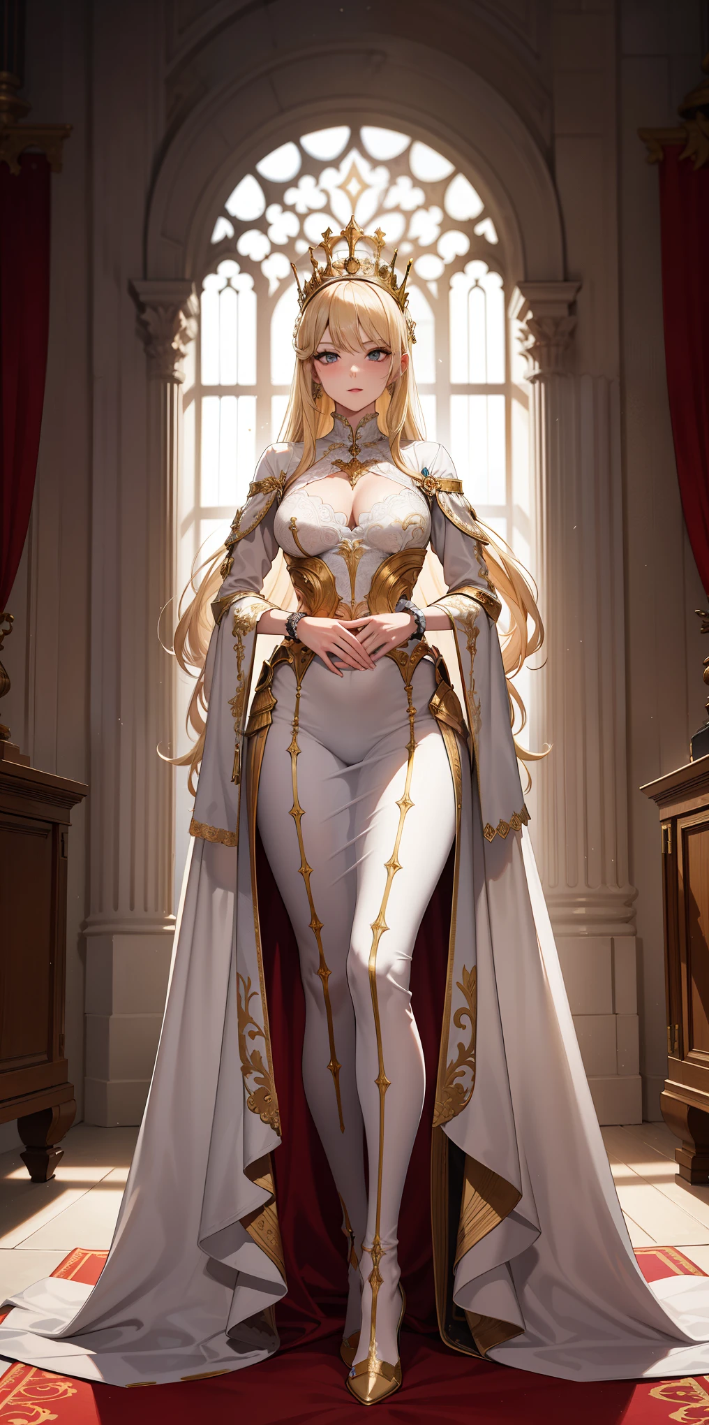 masterpiece, Best quality, ultra detailed, full length, 1 arrogant woman, queen, blonde hair, in royal women&#39;s steel plate armor with a pronounced chest and decorated with gold, standing in the throne room, fantasy world