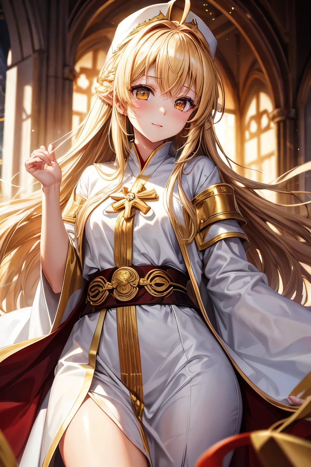 Long golden hair, golden eyes, girl, white priest robe