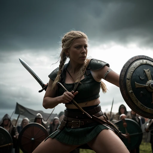 A shieldmaiden Lagertha Lodbrok fights in a big battle against 2 Englishmen with sword and shield,schlachtfeld kriegsschauplatz,leichen,Gloomy atmosphere, high quality, detailed, ultra-detailliert, realistic, High Resolution, Meisterwerk, 4k,8k