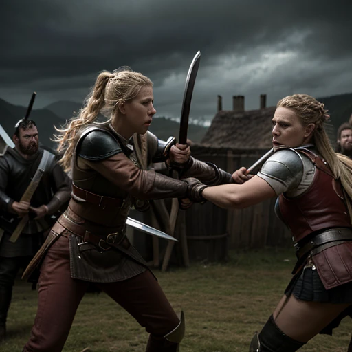 A shieldmaiden Lagertha Lodbrok fights in a big battle against 2 Englishmen with sword and shield,schlachtfeld kriegsschauplatz,leichen,Gloomy atmosphere, high quality, detailed, ultra-detailliert, realistic, High Resolution, Meisterwerk, 4k,8k