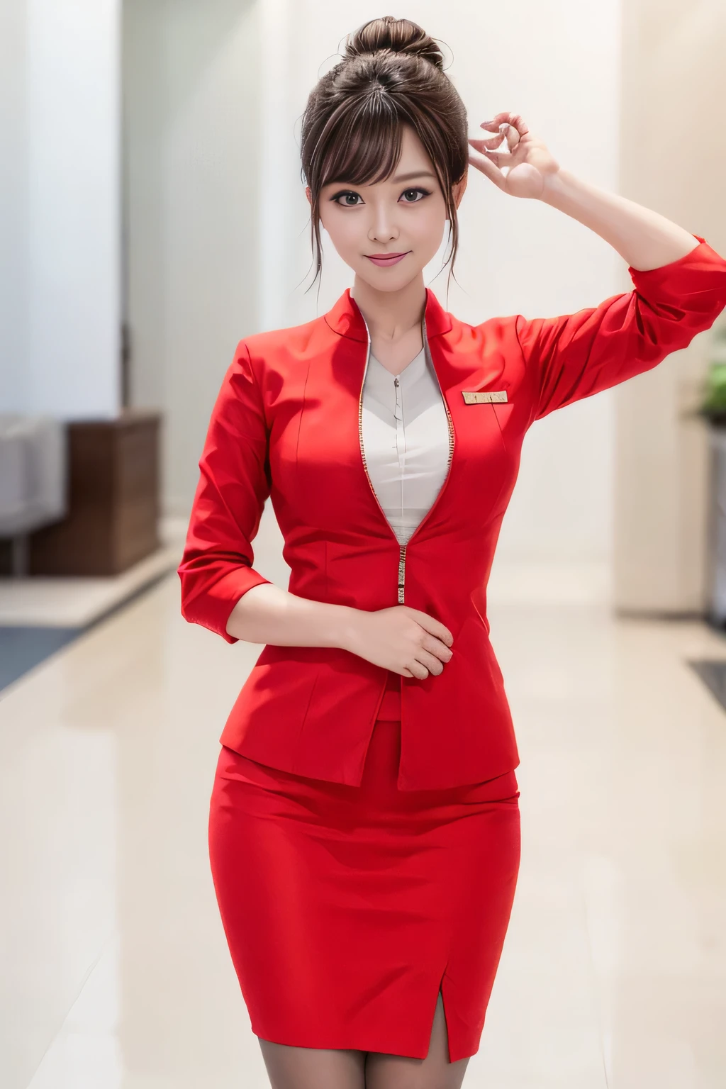 (masterpiece:1.2, highest quality:1.2), 32K HDR, High resolution, (alone、1 girl)、(At the airport lounge、Professional Lighting)、Airport Lounge Background、Beautiful lounge view、(Realistic style with AirAsia flight attendant uniforms)、(AirAsia uniform unzipped red jacket、AirAsia uniform long sleeve red jacket、AirAsia uniform red mini tight skirt、AirAsia uniform white shirt unbuttoned)、Big Breasts、(AirAsia uniform shirt showing big breasts)、Dark brown hair、(Hair tied up、Bun Hair、Chignon)、Dark brown hair、Long Shot、((Fine hand:2.0)),((Harmonious body proportions:1.5)),((Normal limbs:2.0)),((Normal finger:2.0)),((Delicate eyes:2.0)),((Normal eyes:2.0)))、Luxury Necklace、Beautiful appearance,Place your hands around your stomach