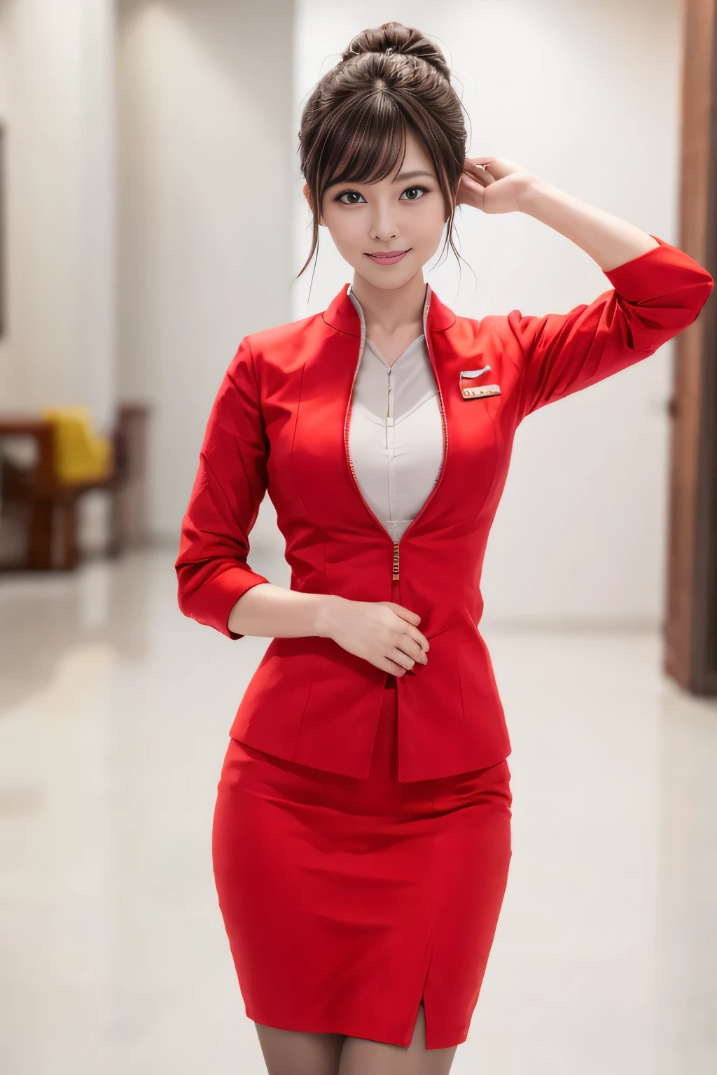 (masterpiece:1.2, highest quality:1.2), 32K HDR, High resolution, (alone、1 girl)、(At the airport lounge、Professional Lighting)、Airport Lounge Background、Beautiful lounge view、(Realistic style with AirAsia flight attendant uniforms)、(AirAsia uniform unzipped red jacket、AirAsia uniform long sleeve red jacket、AirAsia uniform red mini tight skirt、AirAsia uniform white shirt unbuttoned)、Big Breasts、(AirAsia uniform shirt showing big breasts)、Dark brown hair、(Hair tied up、Bun Hair、Chignon)、Dark brown hair、Long Shot、((Fine hand:2.0)),((Harmonious body proportions:1.5)),((Normal limbs:2.0)),((Normal finger:2.0)),((Delicate eyes:2.0)),((Normal eyes:2.0)))、Luxury Necklace、Beautiful appearance,Place your hands around your stomach