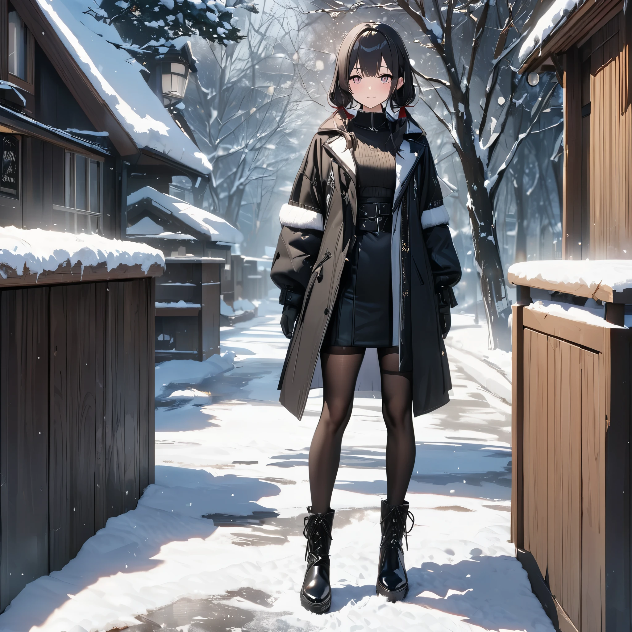 A woman wearing a luxury black coat with white details, black skirt, black tights, black leather boots,perfect eyes, perfect face, long black hair, pigtails, black gloves, burgundy eyes, smiling, walking on a modern concrete sidewalk, atmosphere of Winter in place with trees and house covered in snow, full body.shadow, flower, UHD, masterpiece, accurate, anatomically correct, textured skin, super detail, high quality, best quality, 8k, high resolution, bokeh effect.( solo woman)
