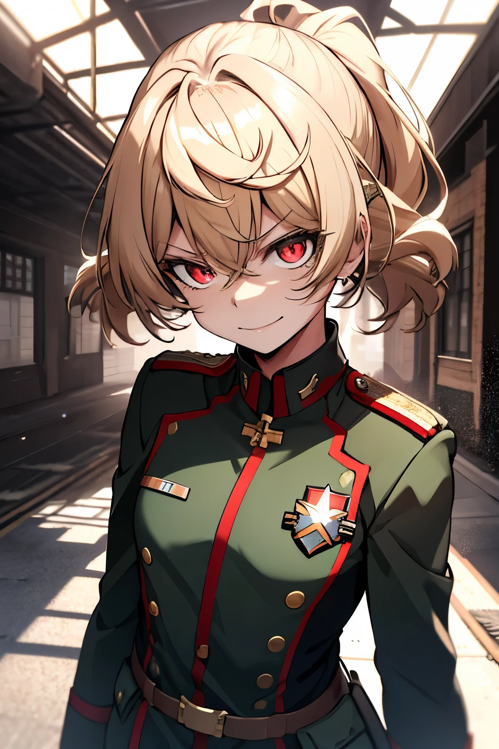 (masterpiece, best quality: 1.1), 1girl solo, tanya, 1girl, solo, , flat chest, small breasts, curvy, military, military uniform, ,, evil smile, wicked expression, anger, red eyes, neutral lighting