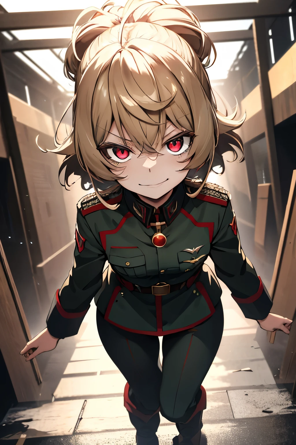 (masterpiece, best quality: 1.1), 1girl solo, tanya, 1girl, solo, , flat chest, small breasts, curvy, military, military uniform, ,, evil smile, wicked expression, anger, red eyes, neutral lighting
