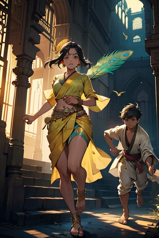 A beautiful girl in a yellow saree is running, holding the saree with both her hands, a boy with a peacock feather on his head, dark complexioned, is wearing a Pitambara robe, is stopping the girl by putting his hand around her waist and he girl trying to run away