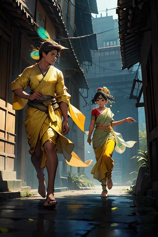 A beautiful girl in a yellow saree is running, holding the saree with both her hands, a boy with a peacock feather on his head, dark complexioned, is wearing a Pitambara robe, is stopping the girl by putting his hand around her waist and he girl trying to run away