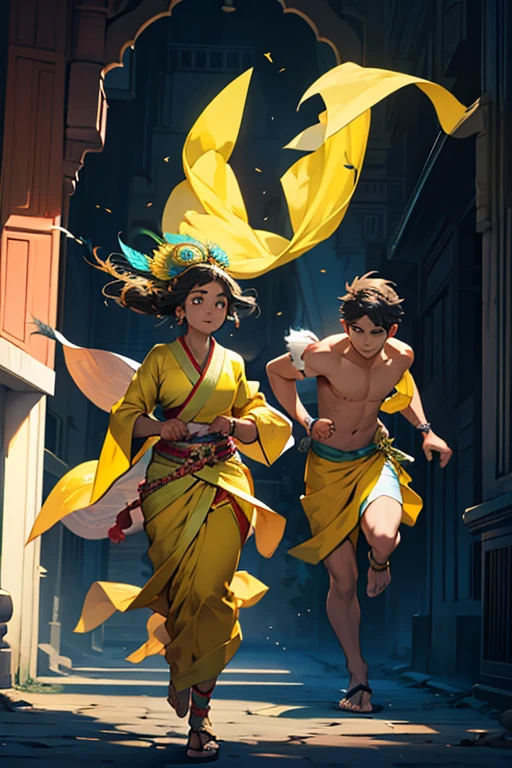 A beautiful girl in a yellow saree is running, holding the saree with both her hands, a boy with a peacock feather on his head, dark complexioned, is wearing a Pitambara robe, is stopping the girl by putting his hand around her waist and he girl trying to run away