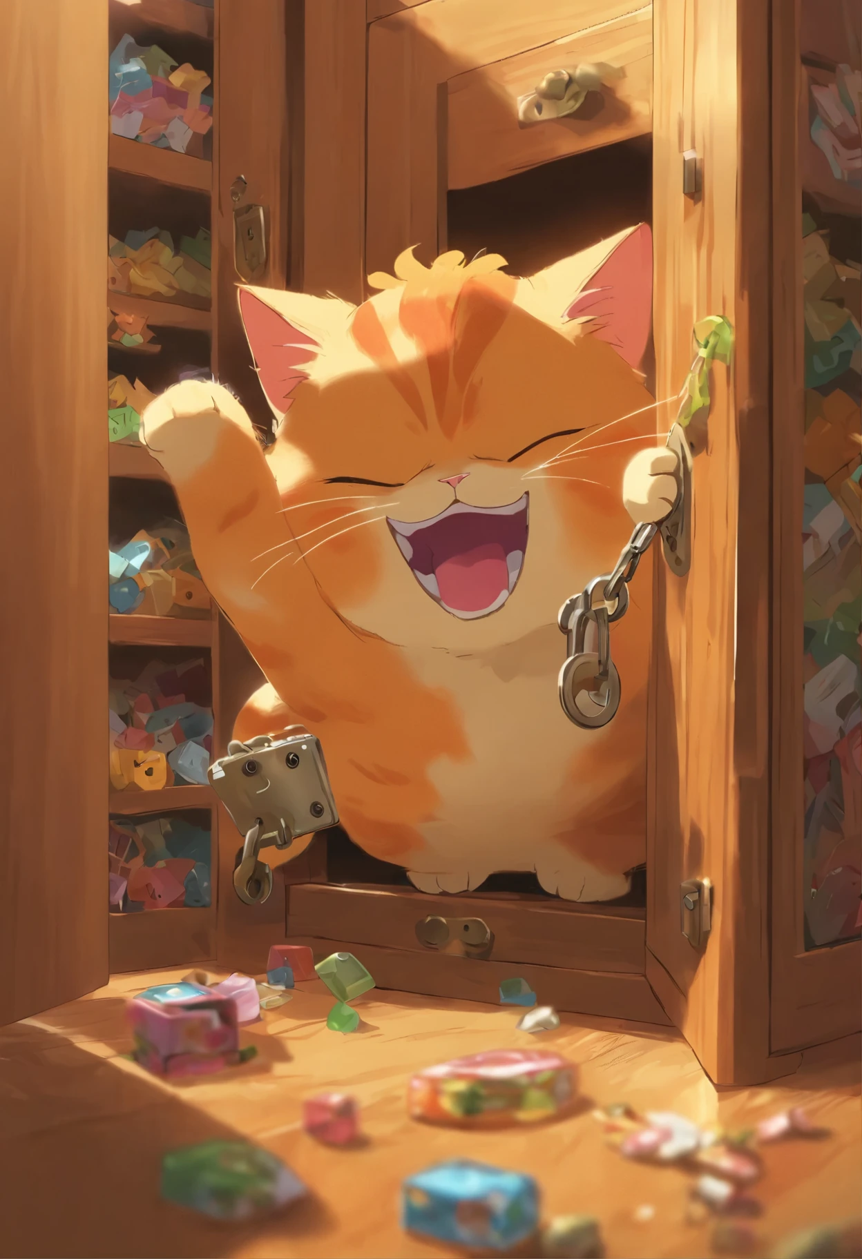  Fat Ginger Mama Cat takes out a small lock from the cabinet, locks the smartphone inside, and puts it away.

Fat Ginger Mama Cat: (Locking the cabinet decisively) Now you can't play anymore!