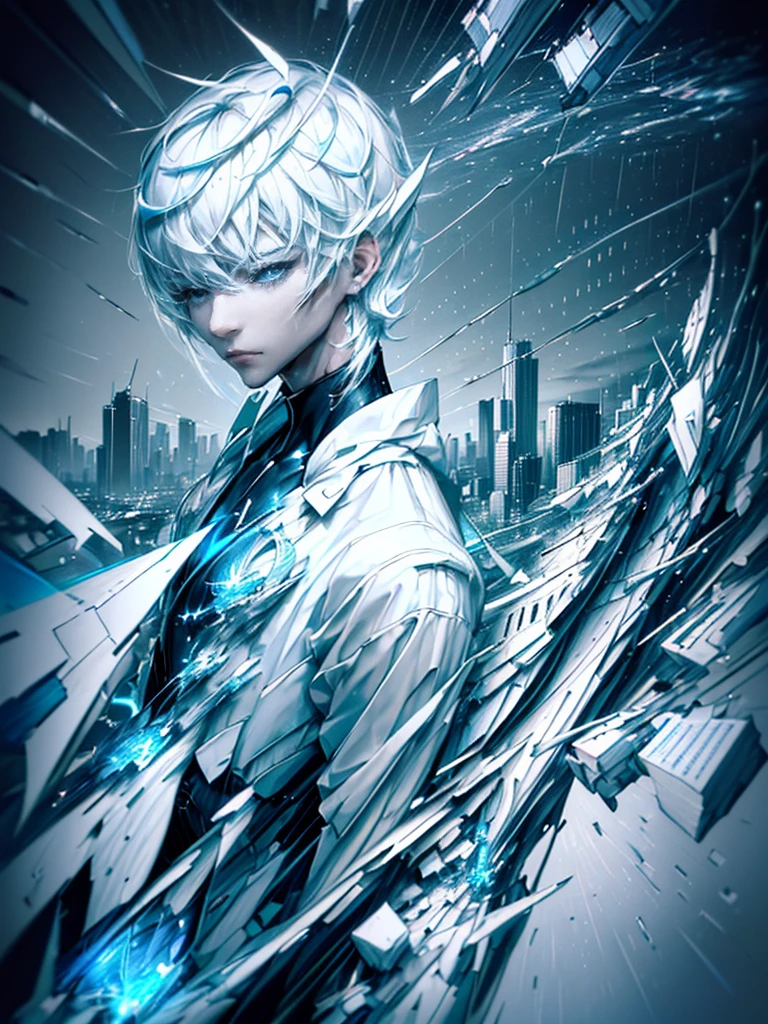 ((4K works))、masterpiece、(top-quality)、One beautiful boy、Slim body、tall、((Black Y-shirt and white pants、Charming street style))、Please wear one jacket、Wearing a hood to hide his face、(Detailed beautiful eyeorning City、((Rainy city))、Fashionable city with morning rain、During the walk、((Bright, Cloudy sky))、((Face similar to Carly Rae Jepsen))、((Short-haired white hair))、((Smaller face))、((Neutral face))、((Bright blue eyes))、((American adult male))、((Adult male 26 years old))、((Cool Men))、((Like a celebrity))、((Glaring at him with a wild expression))、((Korean Makeup))、((elongated and sharp eyes))、((Happy dating))、((boyish))、((Upper body photography))、Professional Photoodel photo))、((Shot alone))、((He's under the roof))、((Looking up at the sky))、((photographed from the back))、((He is looking upwards))、((His eyes are looking upwards))、((Increase the angle of the face))、((He is walking in front of the viewer))
