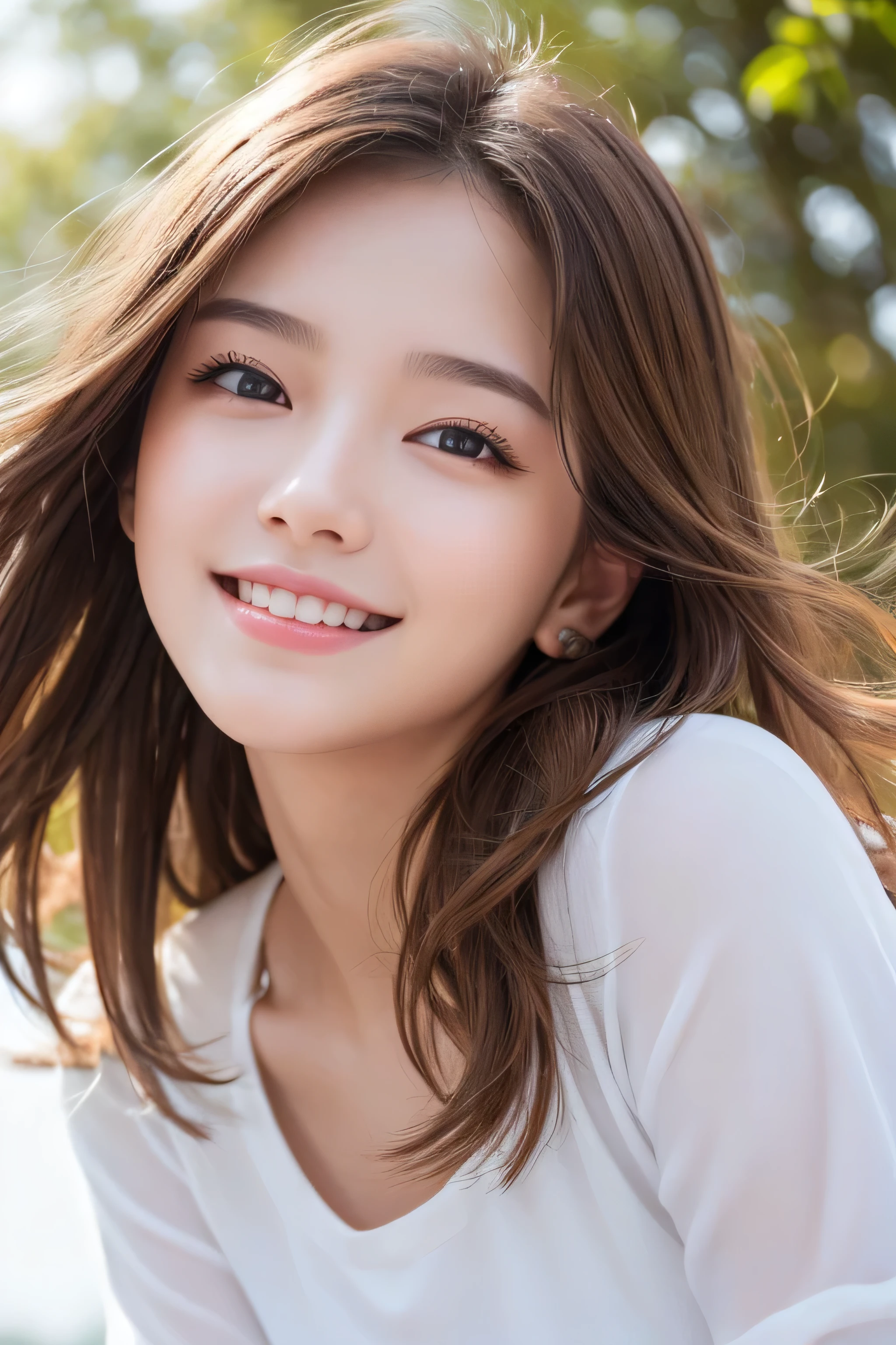 18-year-old girl、independent、look forward to、Light eye makeup、Brown Hair Color、flat 、Hair blowing in the wind、Quality of actress、Shiny, Ultra-realistic face、Smiling expression、Watery eye、look up、Soothing lighting effects、 Ultra-Realistic Capture、Very detailed、High resolution 16K human skin closeup。Skin texture must be natural、Must be so detailed that pores are visible、skin is healthy、Must be of uniform tone、Use natural light and color、High quality photos taken by modeling agencies'Exclusive photographer、A big smile、Front facing
