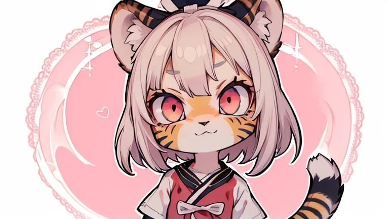 (obra maestra, Alta calidad, mejor calidad, 8K, high resolution), ((estilo chibii, Chibi lindo)), (solo, 1 girl), {Tiger Girl, cara de tigre, 2 colmillos, long eyelashes, delineador de ojos} {bigotes de tigre}, (((Piel de tigre por todo el cuerpo., Rayas de tigre en el cuerpo.))), (pelo naranja), cabello corto, Pinza para el cabello, [[Pinza para el cabello white flower on hair]], ((Muy feliz)), ((boca abierta)), ojos naranjas, [pupilas negras], ((buscando)), (very small breasts), brazos delgados, (un brazo arriba, un brazo hacia abajo), axilas, ((mini camiseta rosa, camiseta rosa completa)), {shorts blancos}, {{{mini cola de tigre, Cola en la espalda}}}, (cuerpo completo), (((de pie, jump angle))), dynamic pose, Fondo blanco, fondo sencillo, ((((Estilo Tora-chan no Hanayome)))), (old anime style 40s), estilo animado, anime color.