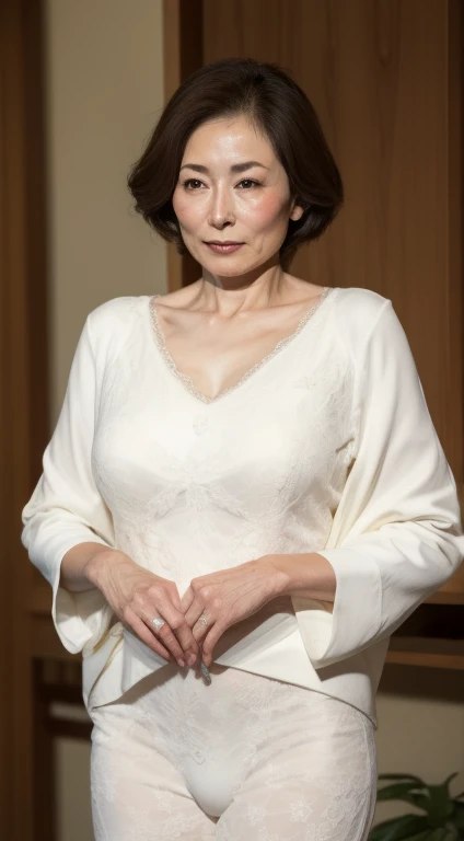 Gravure printing, from chest up, On the table, best quality, Extremely detailed, Reality, Super delicate skin, Perfect anatomical structure, (1 Japan mature female), (Solitary), 75 years old, ideal body proportions, Large Breasts, Adult, underwear, , Fair skin, looking at the audience
