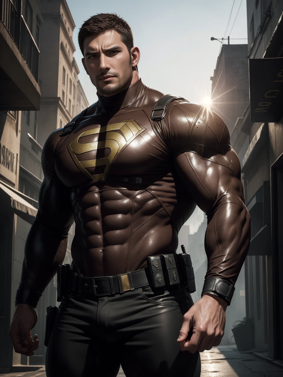 Angry super muscular man, Buzz Cut,On the old-style outdoor street under the hot sun, Wear a long-sleeved dark brown superhero marble tights, Marble texture,The expression is arrogant, Thick thighs, Messy hair, Thick thighs, Turtleneck Long Sleeve Dark Brown Superhero Bodysuit, very tight, Regular symmetrical pattern, Highlight muscles, Police uniform pants, character concept(Resident Evil - Chris Redfield, Chris Redfield)A proud expression, Deep and charming eyes, Heroic male pose, tall Burly, muscular!muscular thighs, tough guy, perfect facial features, High, Burly, Heqiang, Super polished and cool, High Resolution Committee, Charismatic, The sun is blazing, dazzling