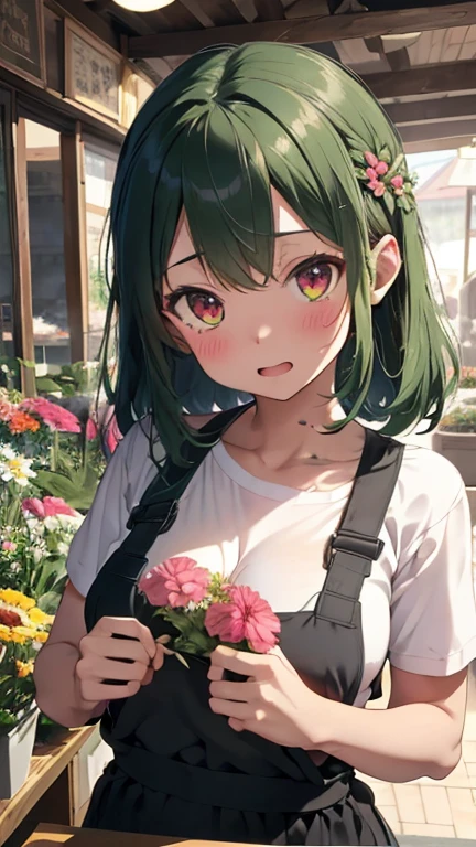 mastute piece,Best Quality,insanely detailed,8k cg,nsfw,
shoot upper body,(body in front:1.1),
1girl,standing,looking at viewer,Proudly、(upright:1.3),(Floristの店員、apron),
break,blush,shy,(trembling:1.2),break,(Green Hair),(large breasts:1.1),Short:1.2、(open mouth:0.9),(Florist),