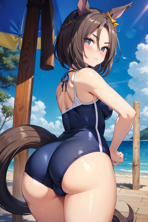 air groove \(umamusume\), wearing a blue swimsuit, all fours, looking back, stick out butt
