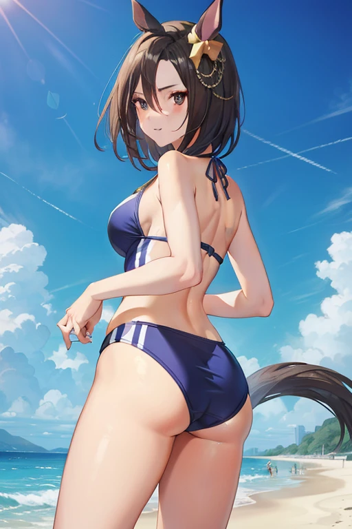 air groove \(umamusume\), wearing a blue swimsuit, all fours, looking back, stick out butt