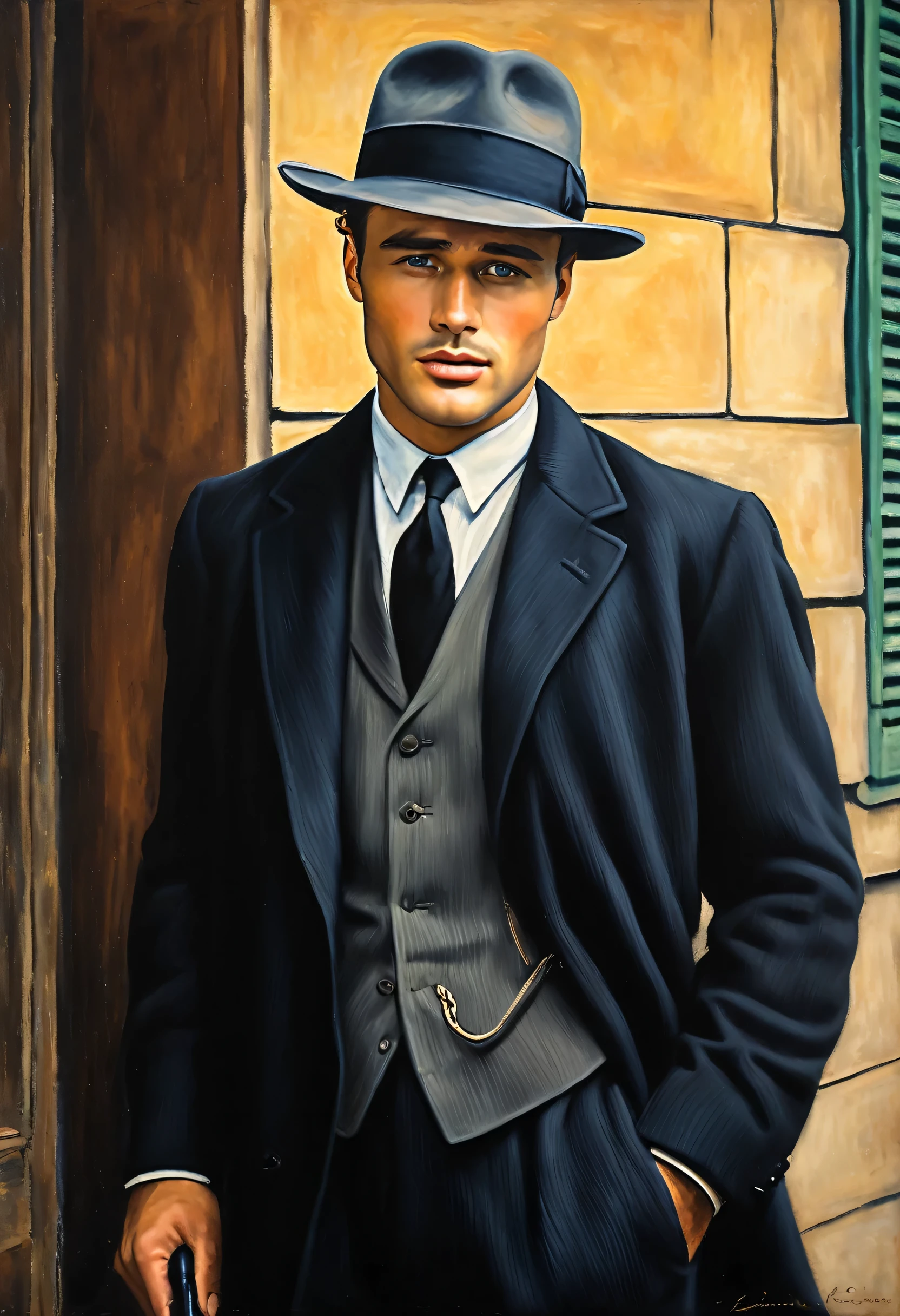 Oil painting of handsome and masculine man who look likes marlon brando young, in a suit and tie an hat in front of a building, noir detective and a felt hat, anos 50, Belo retrato, linda pintura, detalhes intrincados, studio light, estilo Leonardo da vinci, van gogh, renoir, degas