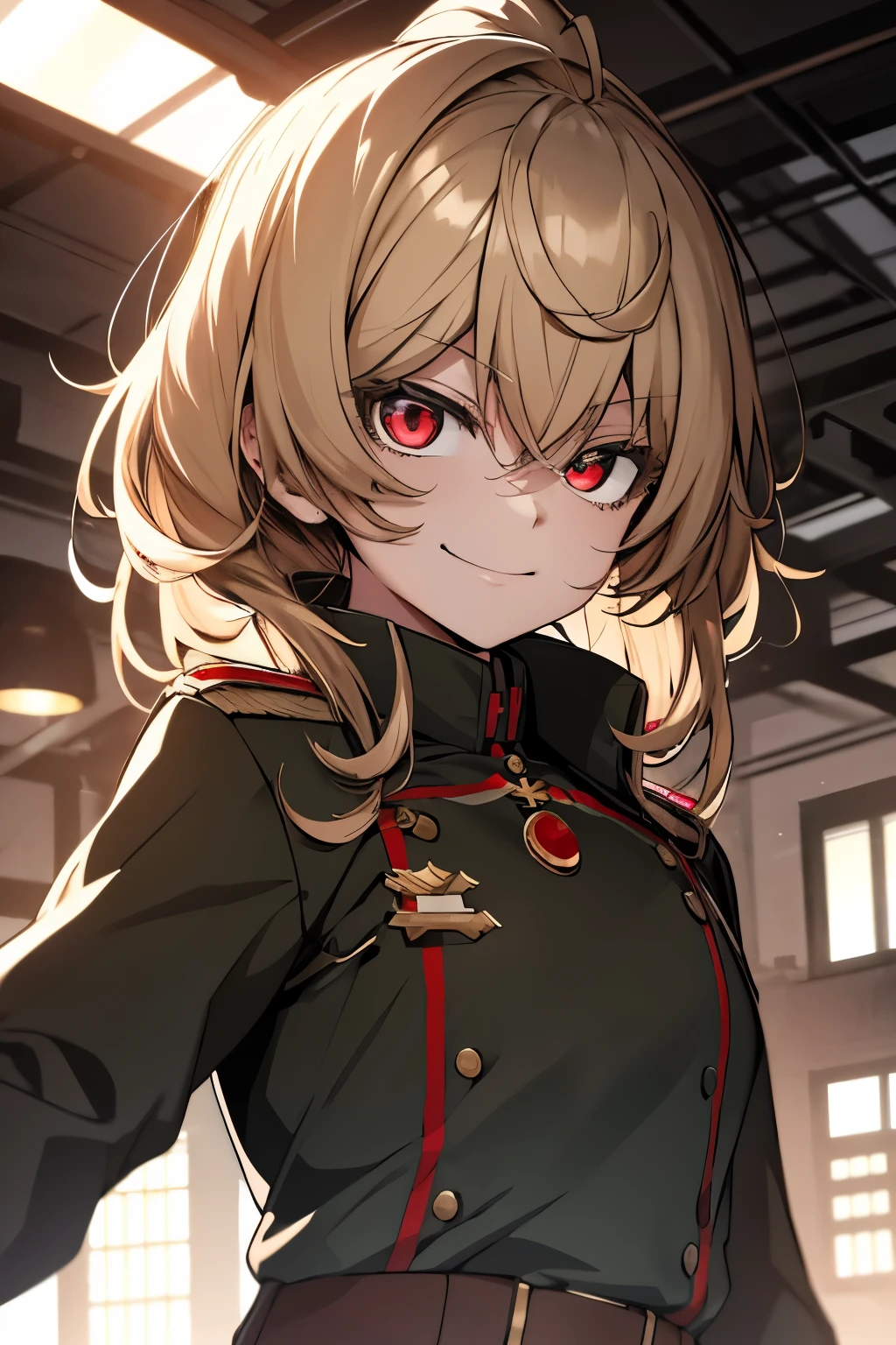 (masterpiece, best quality: 1.1), 1girl solo, tanya, 1girl, solo, , flat chest, small breasts, curvy, military, military uniform, ,, evil smile, wicked expression, anger, red eyes, neutral lighting