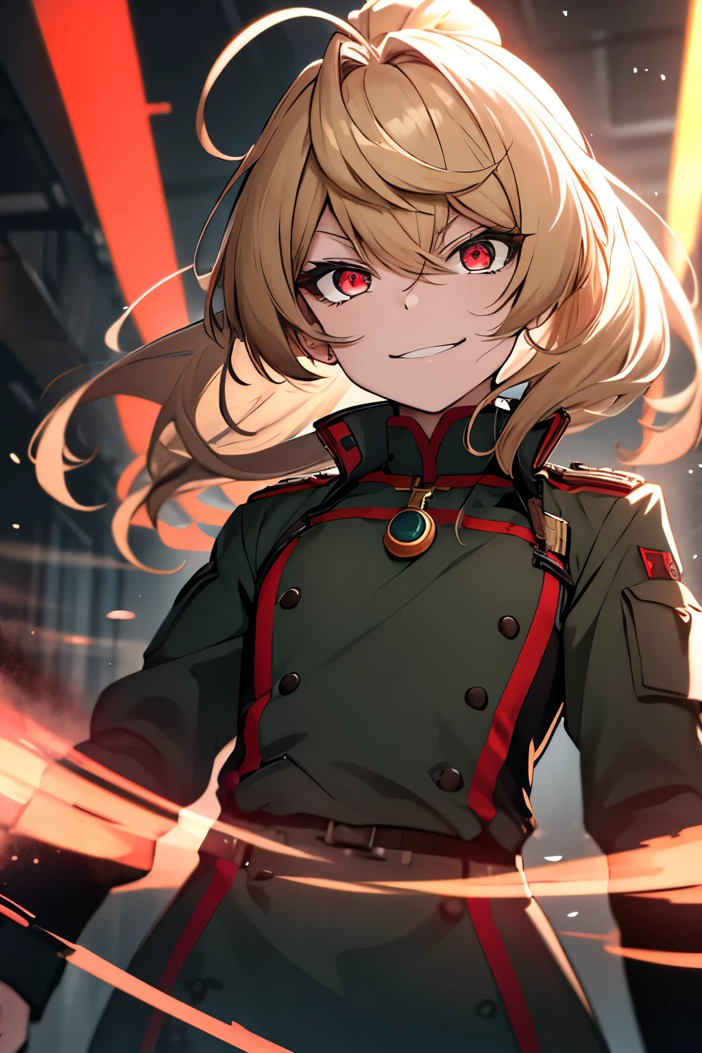 (masterpiece, best quality: 1.1), 1girl solo, tanya, 1girl, solo, , flat chest, small breasts, curvy, military, military uniform, ,, evil smile, wicked expression, anger, red eyes, neutral lighting