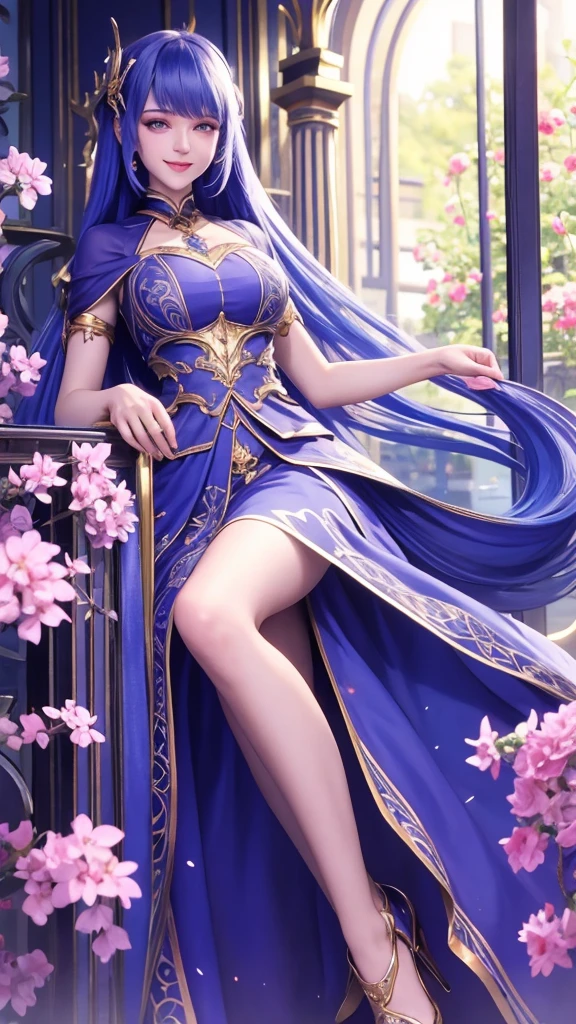 girl, full body, beautiful detailed eyes, beautiful detailed lips, extremely detailed eyes and face, long eyelashes, Long dress, leg opening, Smiling, Teeth showing, enjoy the atmosphere