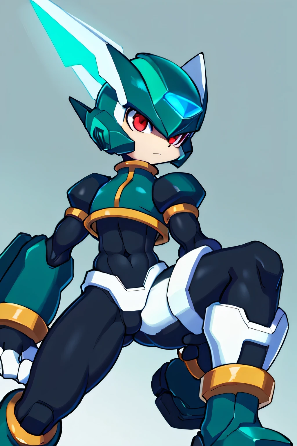 The male reploid has red eyes, his body is thin and stylized, black as if he were wearing spandex of that color, he has a green and black jacket that reaches only the upper half of his body, he has a somewhat simple green and black helmet with a blue gem with the shape of a triangle in the center, his helmet also leaves his face exposed, he uses a white groin protector like Zero's and has bands that are also white on his thighs, he has boots that They don't reach as much to the knee, black and green lastly. His right arm is a Mega Buster, equally green.