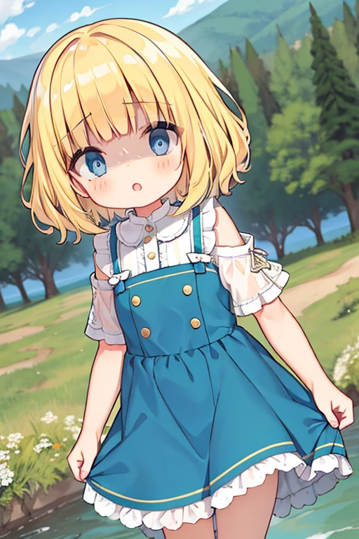 1girl in, Cute, Short hair, Blue eyes, Blonde hair, Blunt bangs, Wavy Hair, Dress, depth of fields, forest, River,
