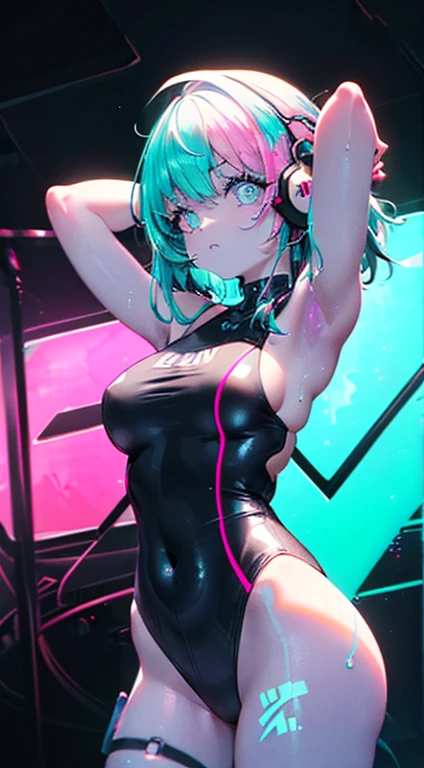 Orejas de gato de colores brillantes chica anime con auriculares y (pechos grandes:1.3), ((Ojos volteados hacia arriba:1.3, ojos perfectos ,hermosos ojos detallados, Rainbow shines with ultra-detailed deep purple aqua eyes:1.1, ojos degradados:1, Hermosos ojos finamente detallados:1, eyes symmetrical:1, Gran punto culminante en los ojos:1.2)), very shy, ruboroso, (boca abierta), ansioso, in a psychedelic room, ((((piel brillante: 1.5, piel bronceada, piel brillante, piel muy brillante, cuerpo brillante)))), Ilustraciones de Psytrance, psytrance, psychedelic art style, Neon color theme, (((Obra maestra))), (intrincado), 8k, La mejor calidad, (intensidad visual: 1.5),
(((Liquid hair paint:1.1))) ,(((Neon purple hair | Neon pink hair | neon blue hair | Aqua neon hair | purple hair | Cabello fucsia | cabello azul fluorescente | cabello amatista | neon hair | cabello rosa brillante :1.5))), ((made of paint and defy gravity,flujo espeso),(salpicaduras de pintura:1.3), (cabello brillante: 1.3), (colores vibrantes), dynamic pose, avergonzado,centrado,Escala para ajustarse a las dimensiones,Regla de los tercios, ((One-piece swimsuit of liquid paint)),
fondo multicolor, Tema colorido, Jugando a Splash Paint, hermosa luz, Colored light particle,Ropa de alto contraste, toques de color, Pintura de colores pared, Detalles intrincados, exposure blending, HDR, (Arte del graffiti),PLUS_Detalles:0.5,