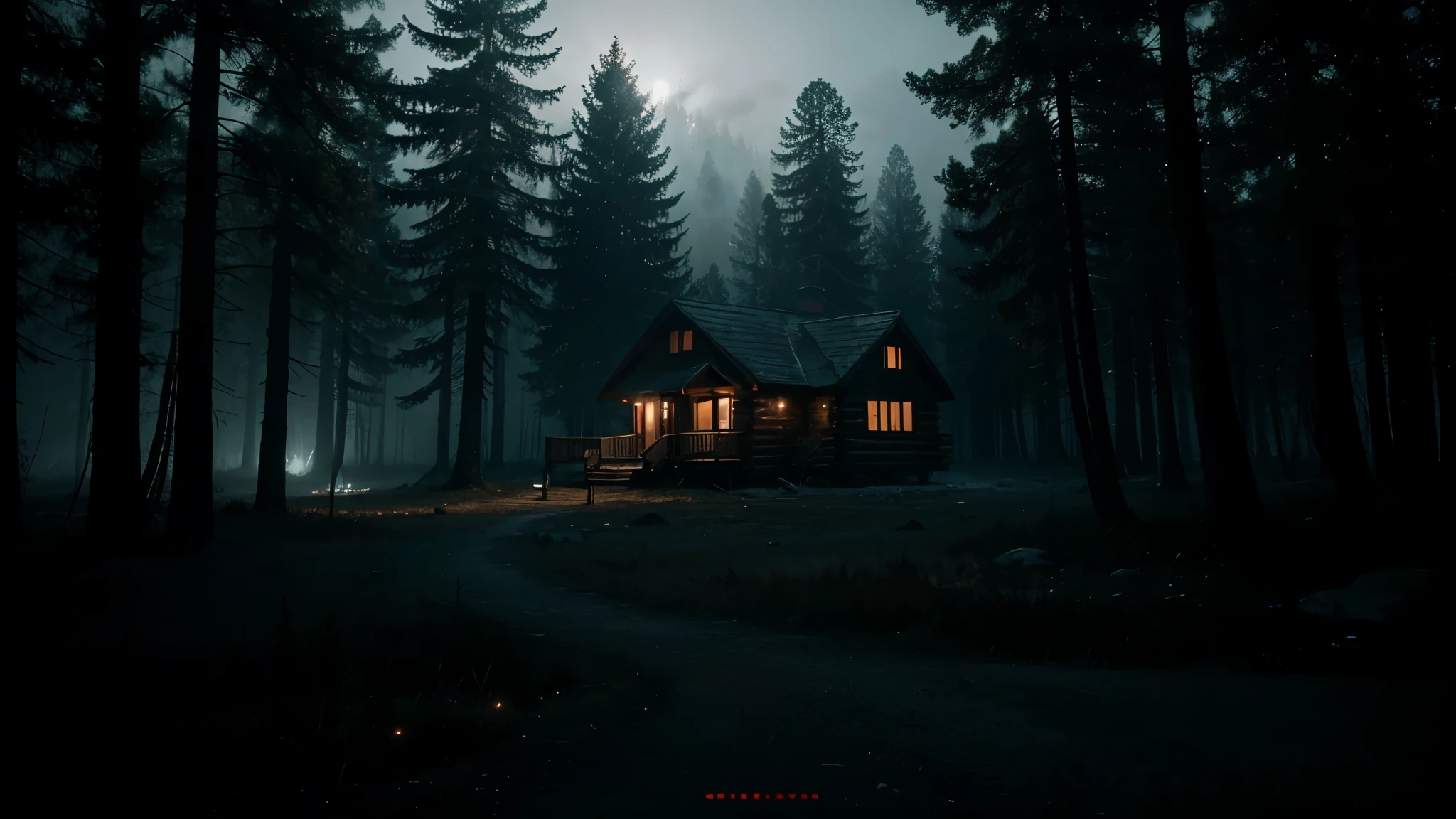cinematic still, cabin in the woods, heavy atmosphere , night, volumetric fog, horror film lighting