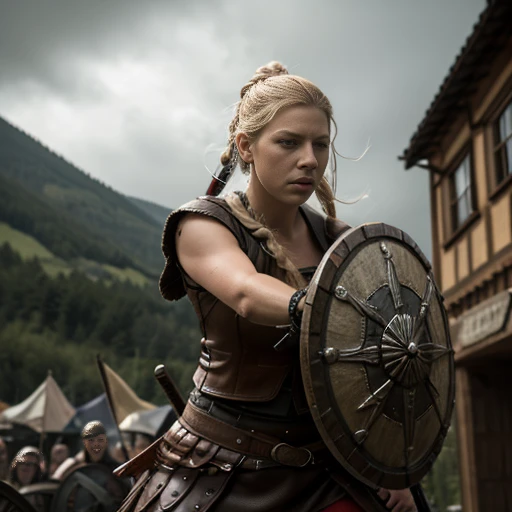 A shieldmaiden Lagertha Lodbrok fights in a big battle against 2 Englishmen with sword and shield,sehr detailliertes Gesicht,schlachtfeld kriegsschauplatz,leichen,Gloomy atmosphere, high quality, detailed, ultra-detailliert, realistic, High Resolution, Meisterwerk, 4k,8k