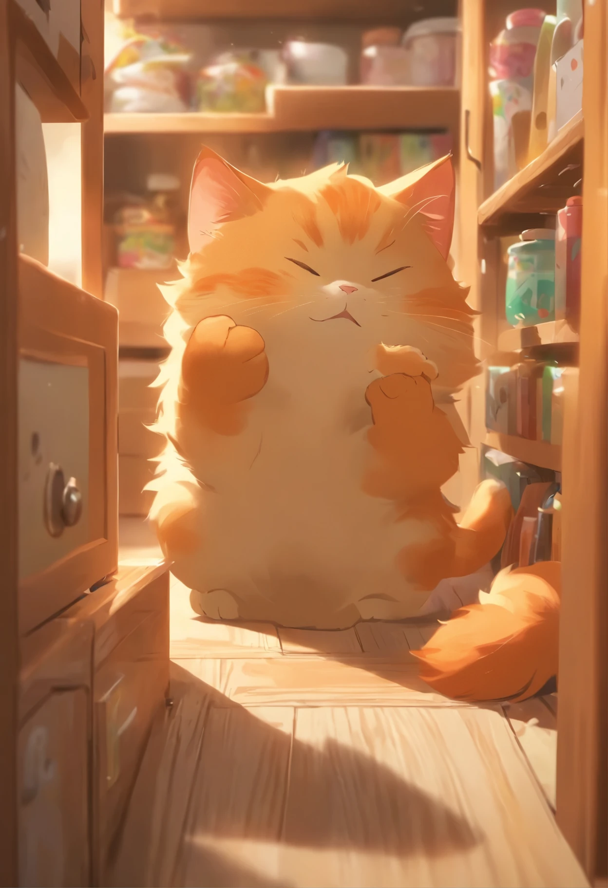 Fat Ginger Kitten, seizing an opportunity when Fat Ginger Mama Cat isn't looking, secretly unlocks the cabinet, takes out the smartphone, and continues playing.
Fat Ginger Kitten: (Smirking, picking up the smartphone)