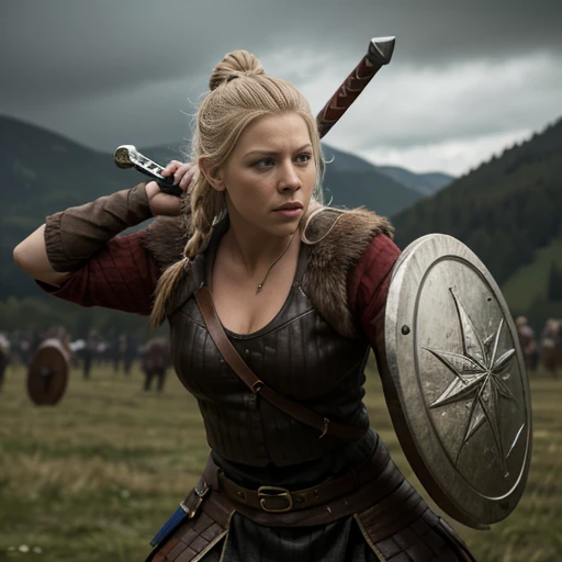 A shieldmaiden Lagertha Lodbrok fights in a big battle against 2 Englishmen with sword and shield,sehr detailliertes Gesicht,schlachtfeld kriegsschauplatz,leichen,Gloomy atmosphere, high quality, detailed, ultra-detailliert, realistic, High Resolution, Meisterwerk, 4k,8k