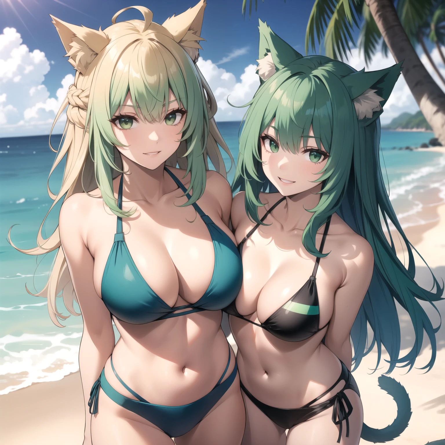 Atalanta, mujer, orejas de gato, cabello rubio y verde, ojos verdes como esmeraldas, pechos grandes, bikini verde, fondo una playa. sonrisa.