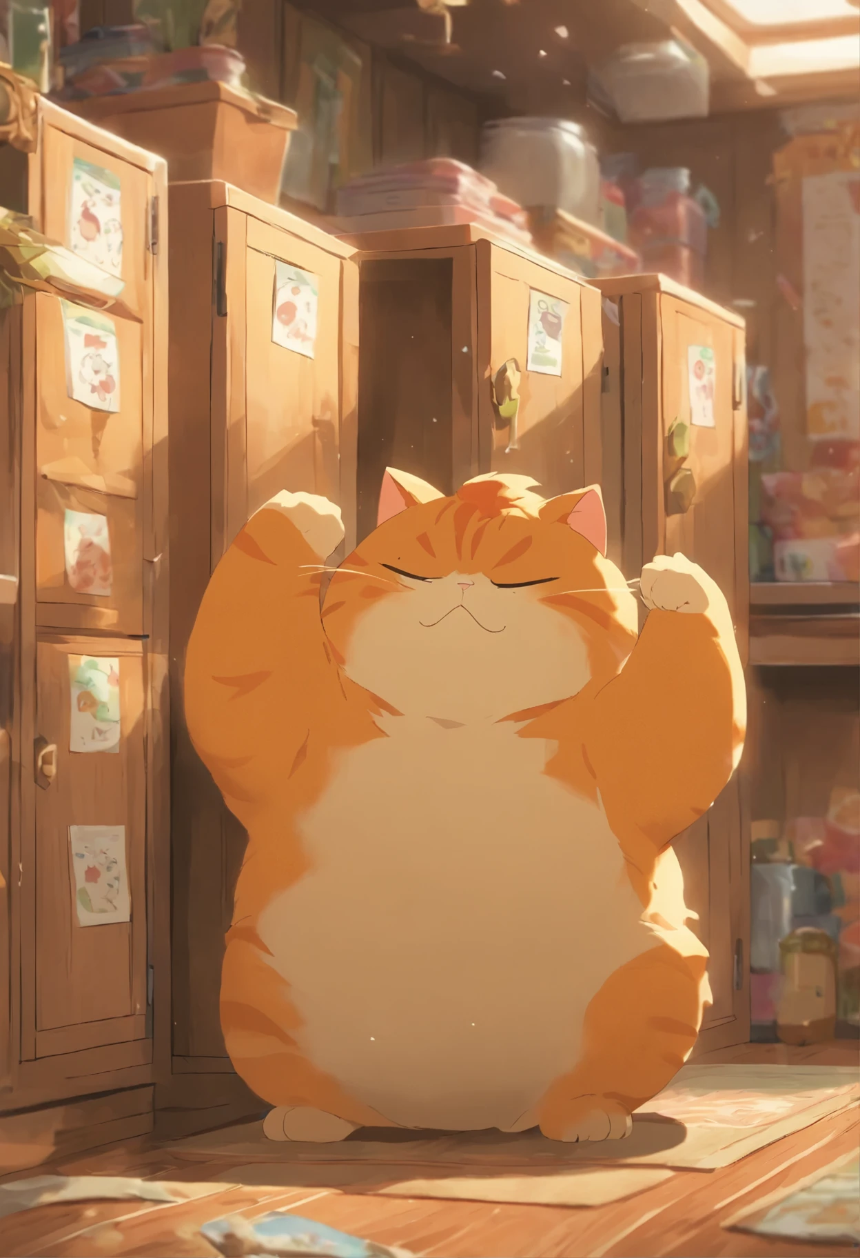 Fat Ginger Mama Cat notices the cabinet has been tampered with, frowning in frustration.
Fat Ginger Mama Cat: (Clutching her fists, glaring at the cabinet) Little Kitten, you took the smartphone again!