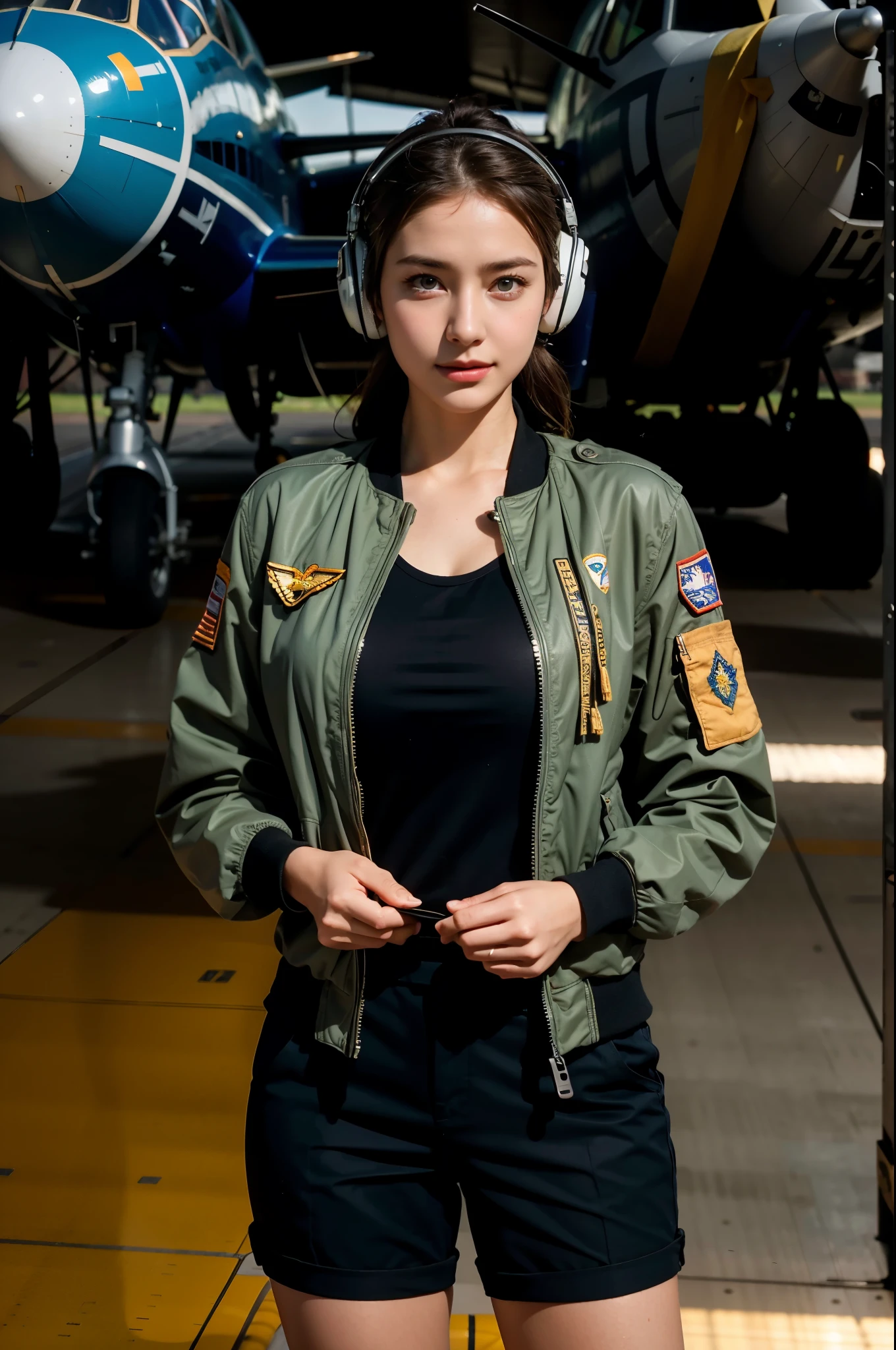 Best quality, ((insanely Realistic RAW photo)), professional photograph, intricate composition, an extremely delicate and beautiful, ultra high res, professional natural lighting and shading, ((Realistic image of a extremely pretty female Aircraft mechanic, solo)), Inside a spacious Aircraft hangar, Vintage airplanes of the World War II era line the background, (Wearing a MA-1 Flight Jacket), (Wearing a headset), (wearing short pants), faint smile, She does aircraft maintenance, very professional mechanic, ((extremely beautifully detailed eyes and face)), ((insanely beautiful natural skin texture)), (Accurate eyes), Accurate hands, Well-balanced overall body