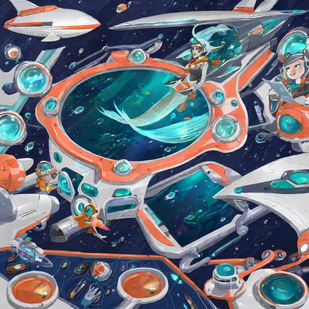 A space ship built by mermaids, high tech panels and displays with patches of coral and kelp. Lovely merpeople crew go about their duties.