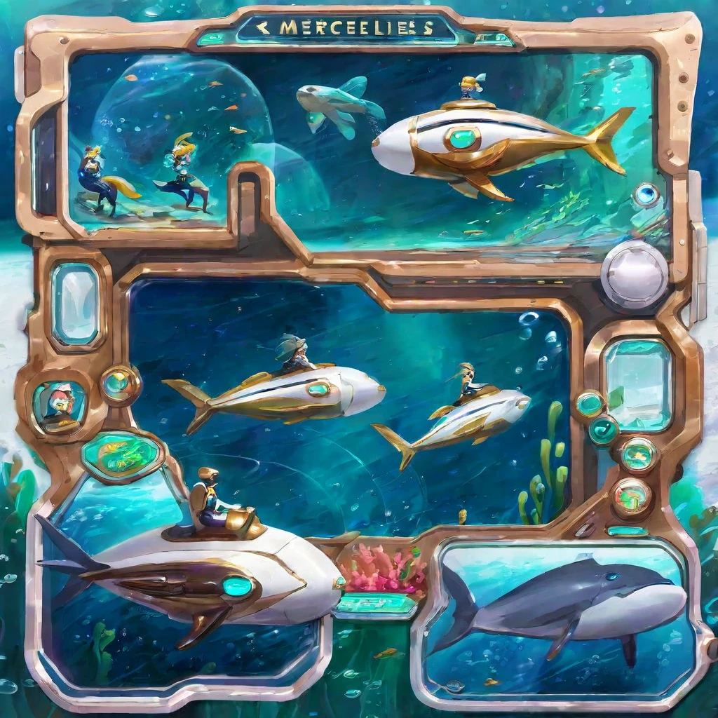 A space ship built by  mermaids, high tech panels and displays with patches of coral  and kelp. Lovely merpeople crew go about their duties.