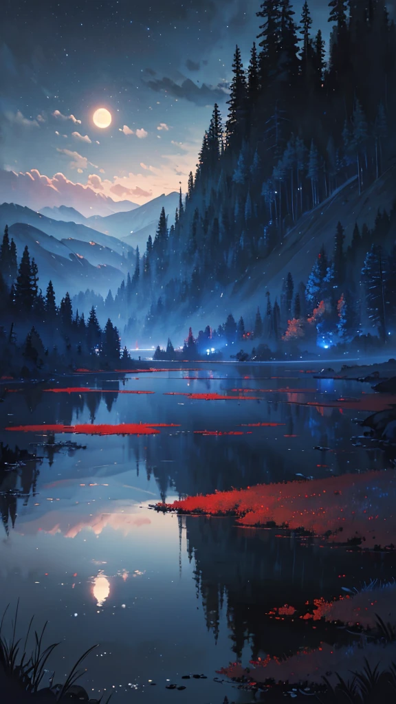 "(best quality,4k,8k,highres,masterpiece:1.2),realistic,ultra-detailed,landscape,black,dark blue,red,white,paintings:1.1,oil paintings,contrast,shadow,impressionism,dreamlike,moonlight,highlights,texture,serene,calm,harmony,breathtaking,subtle color transitions,soft brushstrokes,magical atmosphere,ethereal,mystical,tranquility,reflection,stillness"