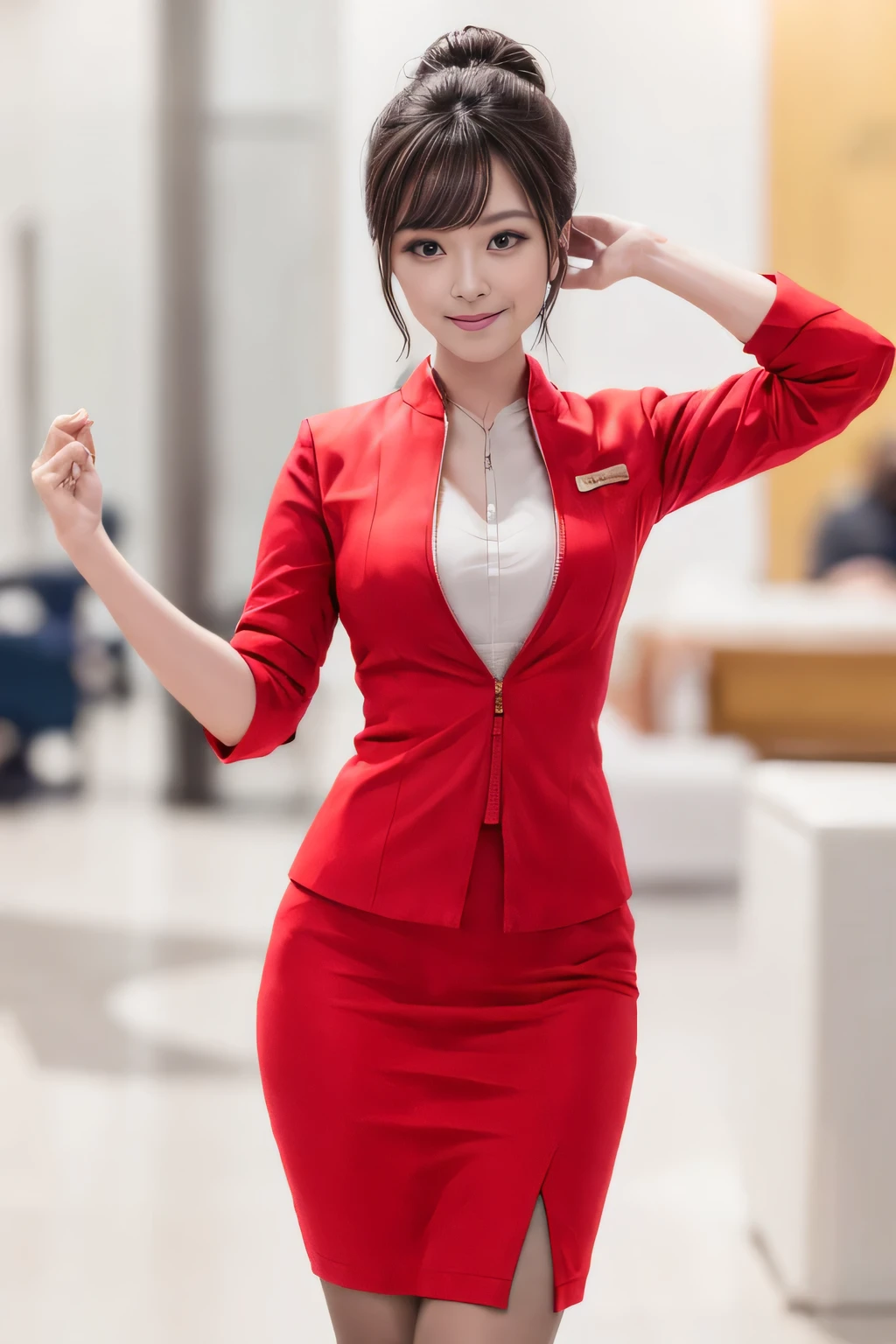 (masterpiece:1.2, highest quality:1.2), 32K HDR, High resolution, (alone、1 girl)、(At the airport lounge、Professional Lighting)、Airport Lounge Background、Beautiful lounge view、(Realistic style with AirAsia flight attendant uniforms)、(AirAsia uniform unzipped red jacket、AirAsia uniform long sleeve red jacket、AirAsia uniform red mini tight skirt、AirAsia uniform white shirt unbuttoned)、Big Breasts、(AirAsia uniform shirt showing big breasts)、Dark brown hair、(Hair tied up、Bun Hair、Chignon)、Dark brown hair、Long Shot、((Fine hand:2.0)),((Harmonious body proportions:1.5)),((Normal limbs:2.0)),((Normal finger:2.0)),((Delicate eyes:2.0)),((Normal eyes:2.0)))、Luxury Necklace、Beautiful appearance,Place your hands around your stomach
