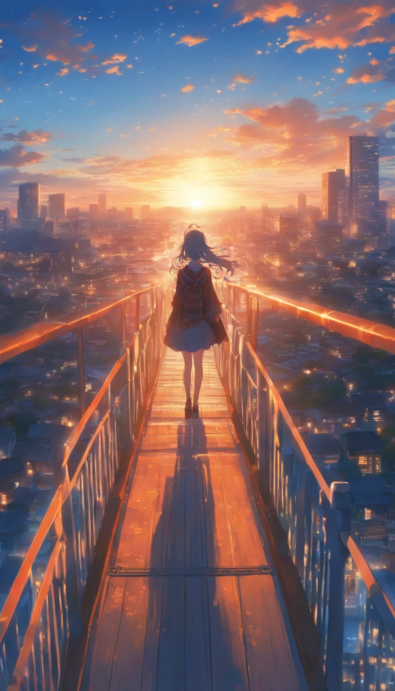 A woman standing on a pedestrian bridge in the early morning. The sun is rising. Fantastic blue sky. Back view, face not visible , high quality down to the smallest detail. Fantastic landscape . People large .