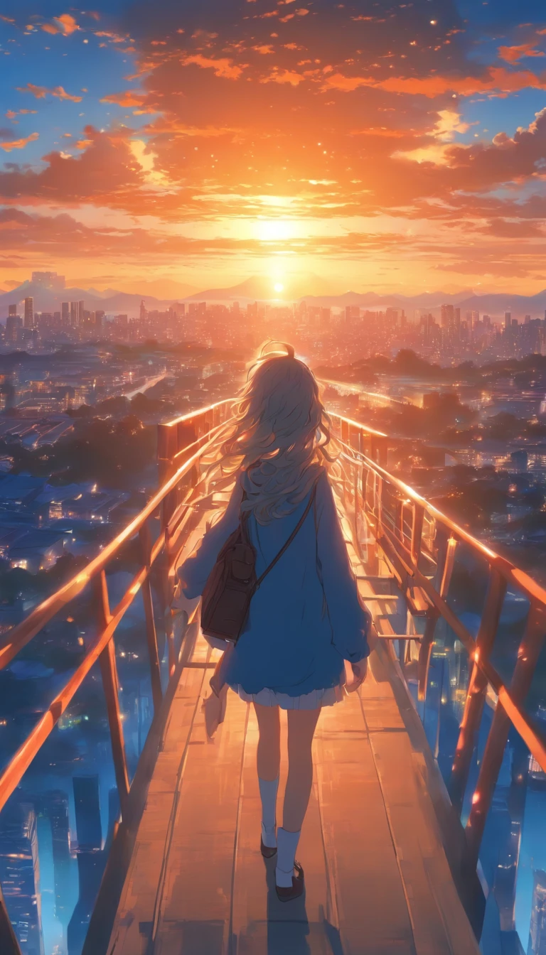 A woman standing on a pedestrian bridge in the early morning. The sun is rising. Fantastic blue sky. Back view, face not visible , high quality down to the smallest detail. Fantastic landscape . People large .