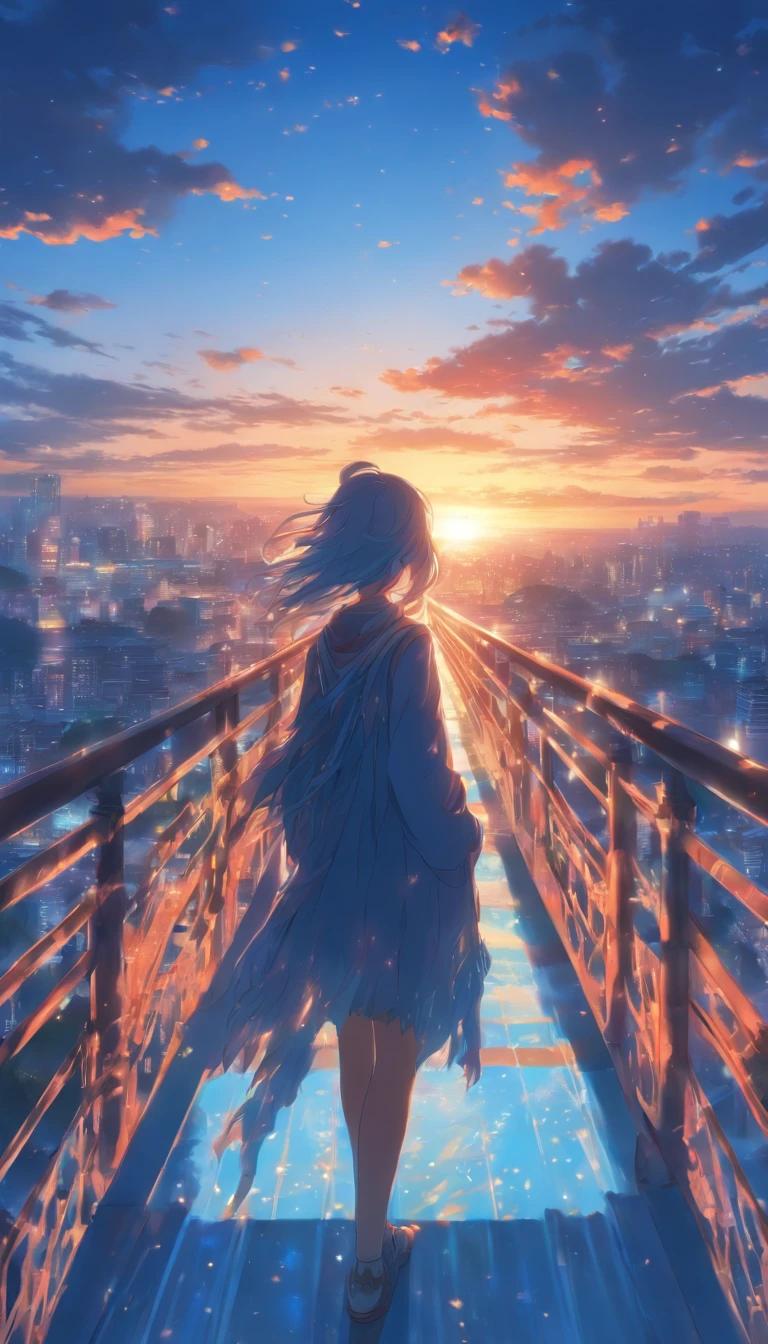 A woman standing on a pedestrian bridge in the early morning. The sun is rising. Fantastic blue sky. Back view, face not visible , high quality down to the smallest detail. Fantastic landscape . People large .