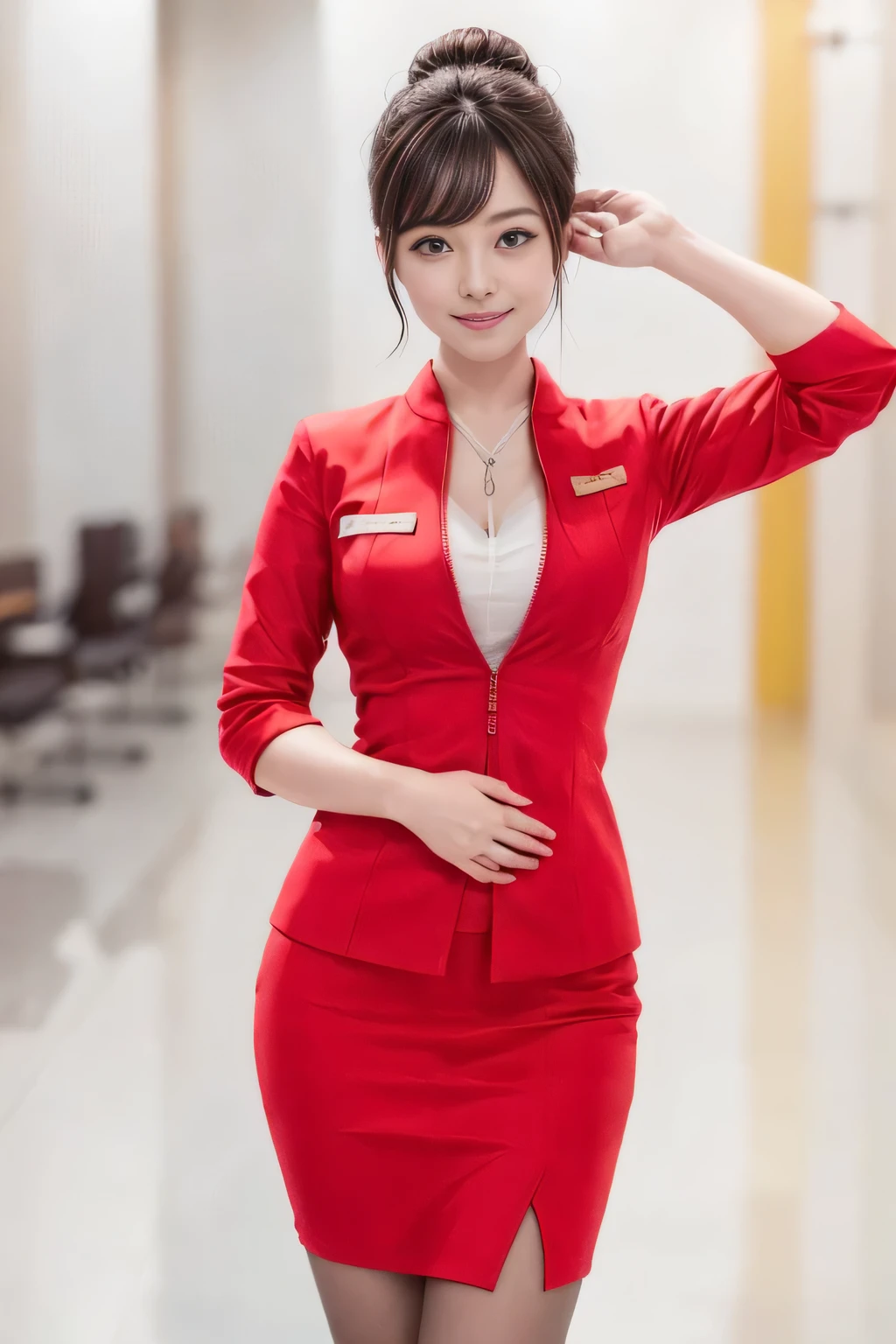 (masterpiece:1.2, highest quality:1.2), 32K HDR, High resolution, (alone、1 girl)、（At the airport lounge、Professional Lighting）、Airport Lounge Background、Beautiful lounge view、（Realistic style with AirAsia flight attendant uniforms）、（AirAsia uniform unzipped red jacket、AirAsia uniform long sleeve red jacket、AirAsia uniform red mini tight skirt、AirAsia uniform white shirt unbuttoned）、Big Breasts、（AirAsia uniform shirt showing big breasts）、Dark brown hair、（Hair tied up、Bun Hair、Chignon）、Dark brown hair、Long Shot、（（Fine hand：2.0）），（（Harmonious body proportions：1.5）），（（Normal limbs：2.0）），（（Normal finger：2.0）），（（Delicate eyes：2.0）），（（Normal eyes：2.0））)、Luxury Necklace、Beautiful appearance,Place your hands around your stomach